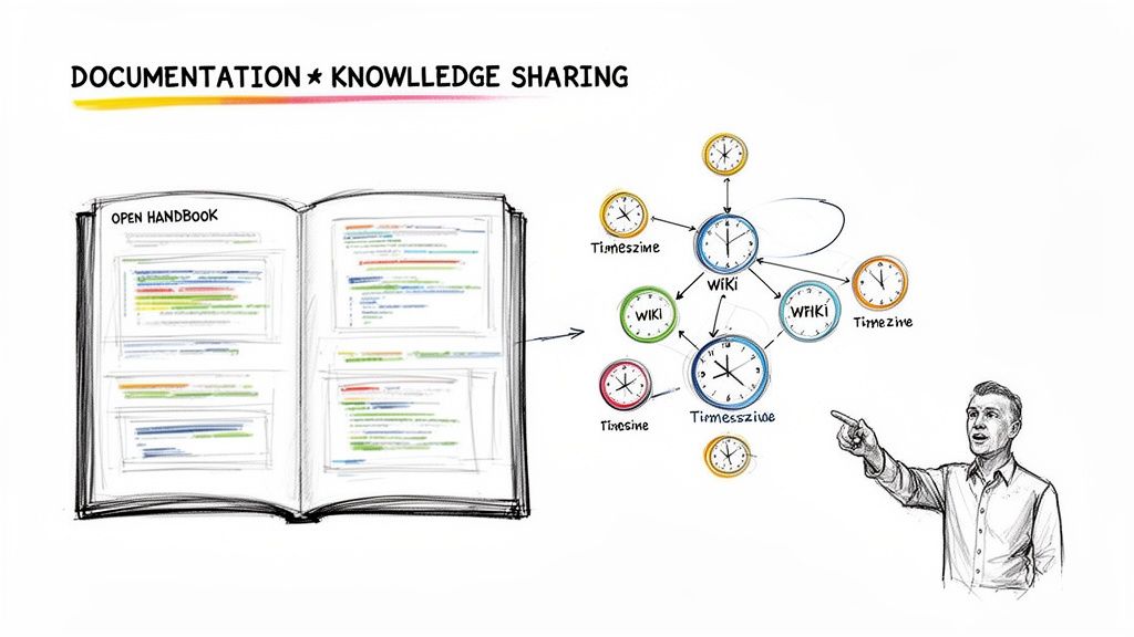 Illustration of knowledge sharing, showing an open handbook connecting to various wiki and timeline platforms with clocks.