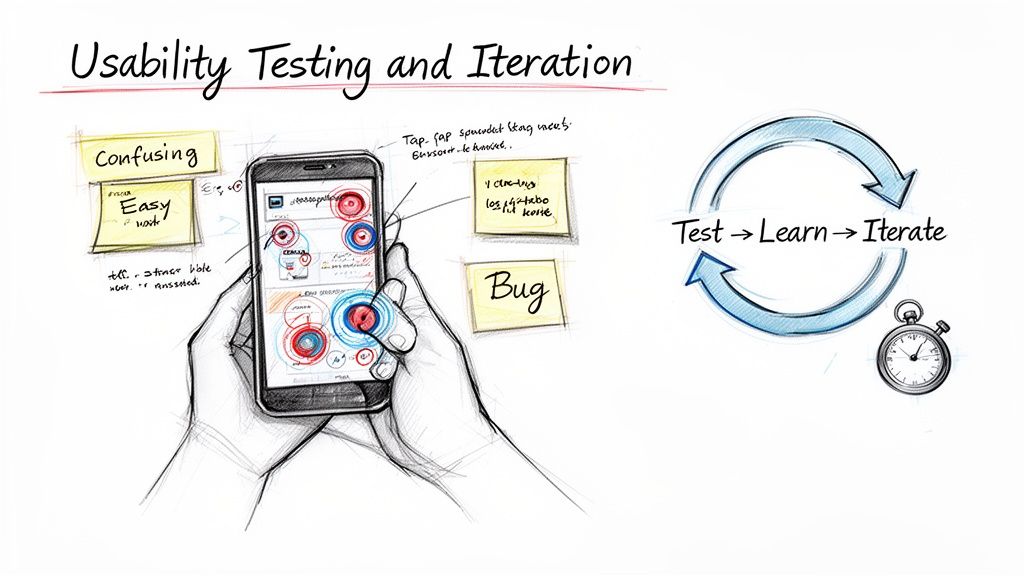 Illustration of mobile app usability testing, showing user interactions, feedback notes, and an iterative design cycle.