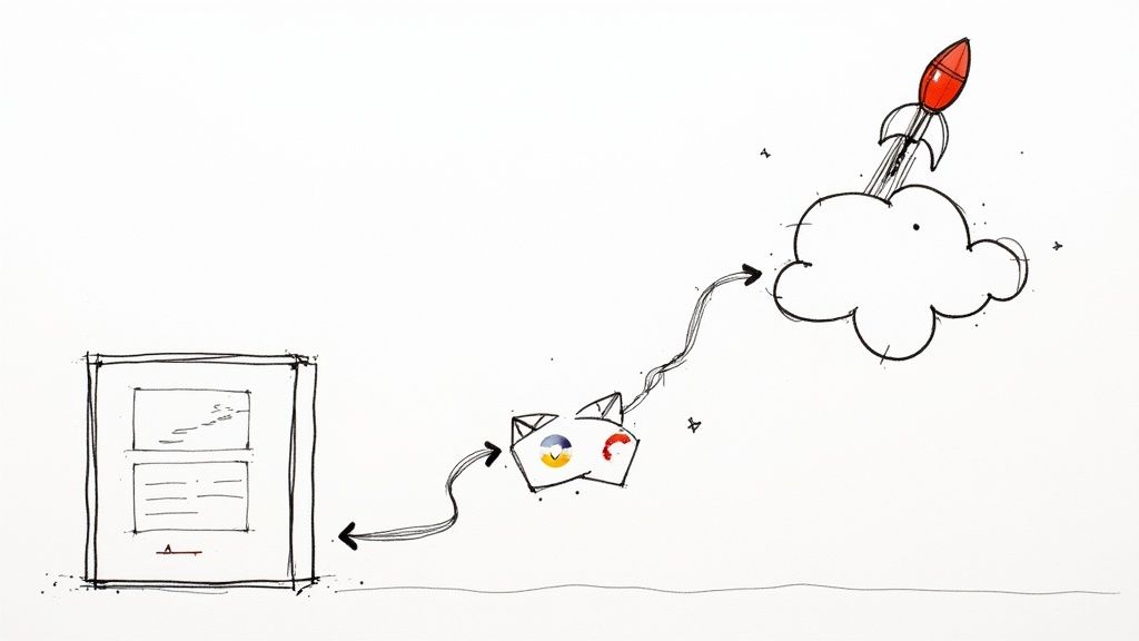 Diagram illustrating a website page migrating through two platforms, leading to a rocket launching into the cloud.