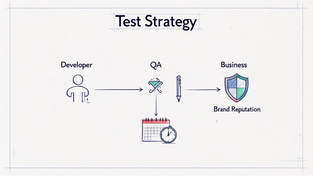 A hand-drawn flowchart illustrating a test strategy from Developer to QA and Business, protecting brand reputation, including timeline.