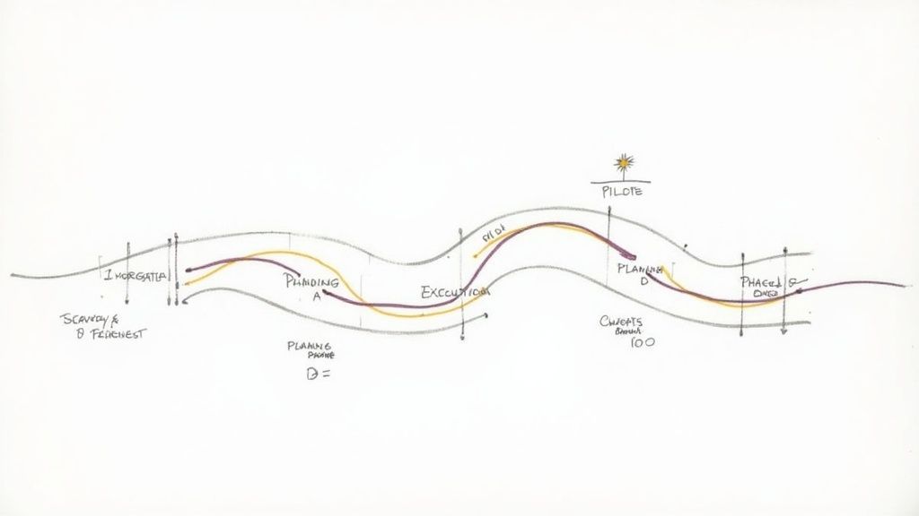 Hand-drawn wavy diagram illustrating a project lifecycle with phases for system modernization.