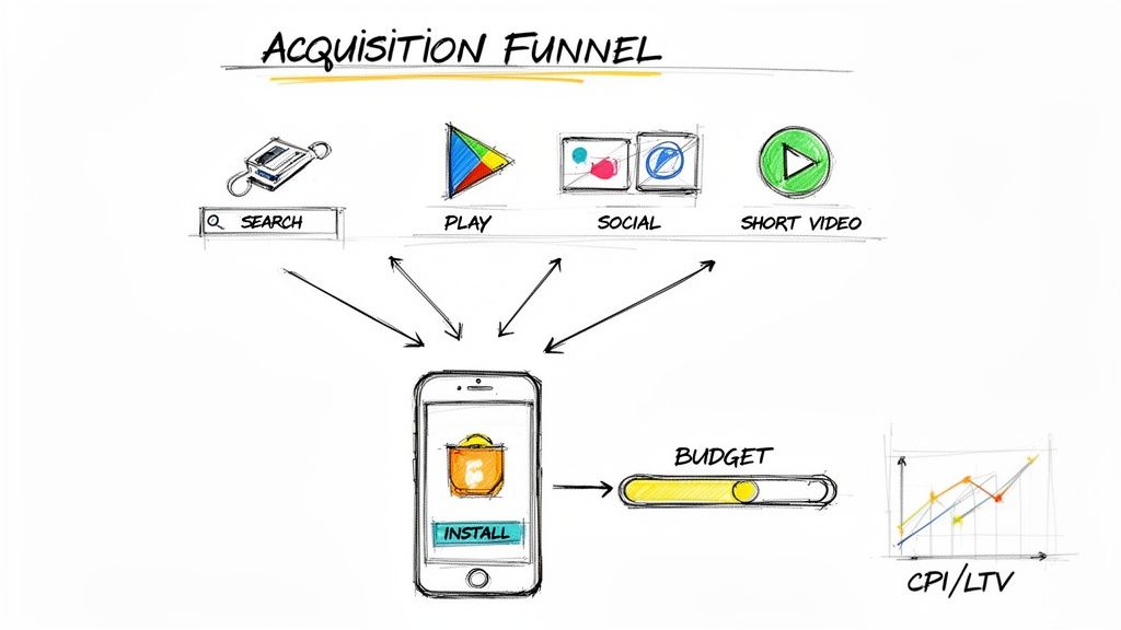 An app acquisition funnel diagram illustrating marketing channels leading to installs, budget, and performance metrics.