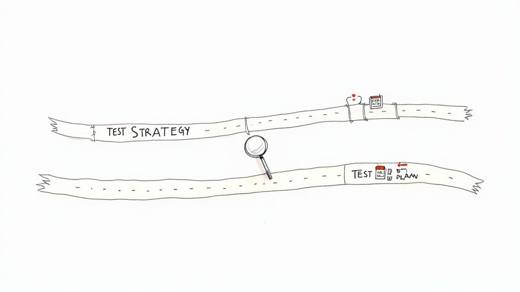 Two parallel roads illustrating 'Test Strategy' and 'Test Plan' with a magnifying glass.