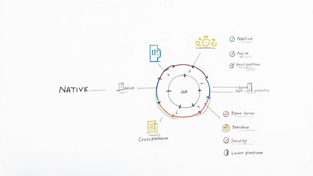Hand-drawn diagram illustrating a software development cycle with native, cross-platform, and associated services.