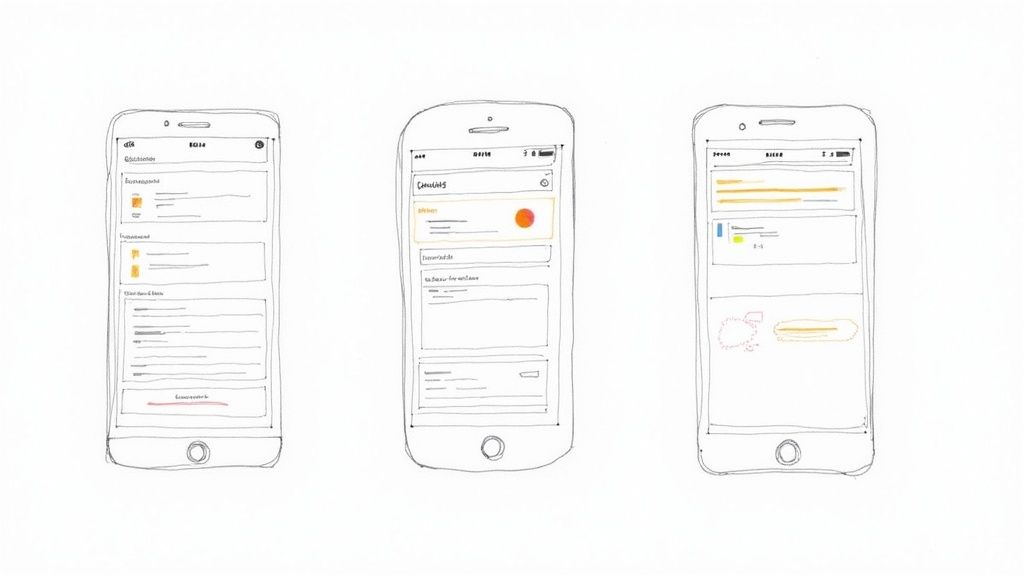 Three mobile phone wireframe sketches showing different app interface layouts and design elements