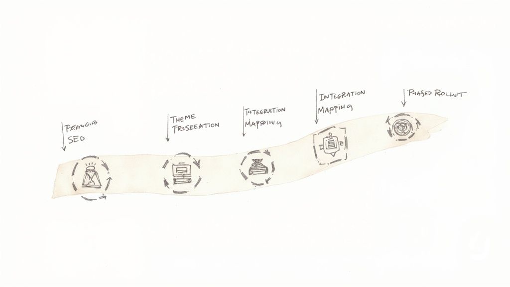 A hand-drawn five-step process diagram on a wavy timeline, showing SEO to phased rollout.