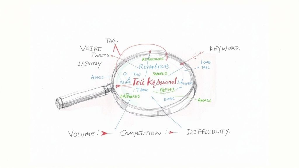 Magnifying glass examining keyword research elements including tags, volume, competition, and difficulty for SEO optimization