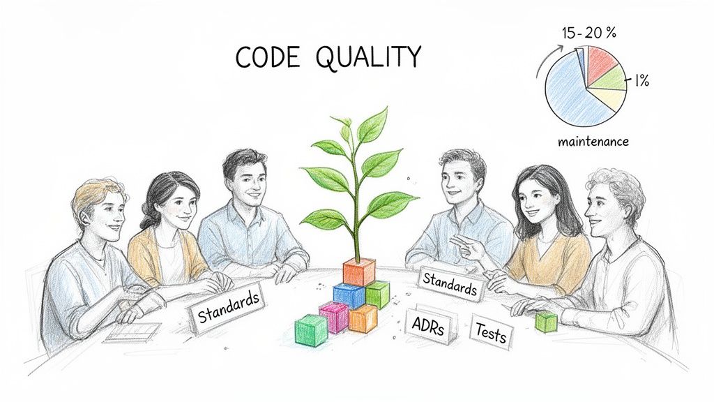 Six developers discuss code quality strategies around a table with a growing plant and maintenance data.