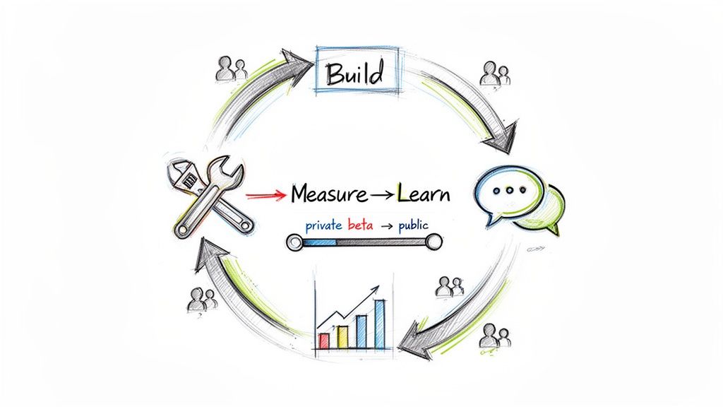 Hand-drawn diagram of a product development lifecycle with build, measure, learn, and user feedback.