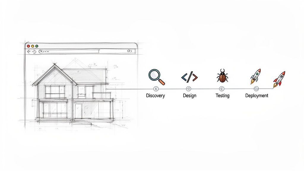 Illustration depicting the web application development process: discovery, design, testing, and deployment phases.