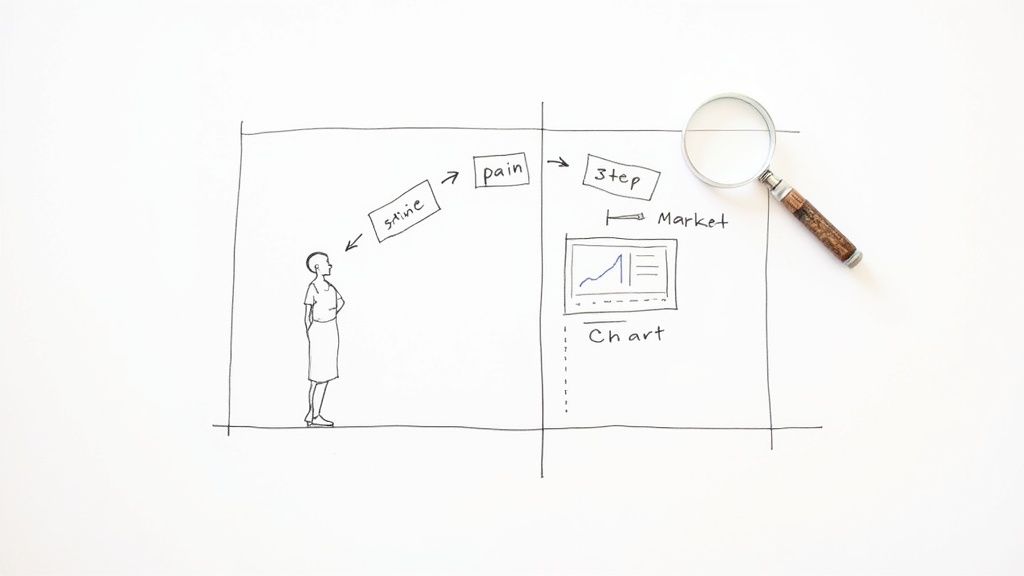 Hand-drawn diagram showing a process flow: person, 'sdine', 'pain', 'step', 'Market', 'Chart', with a magnifying glass.