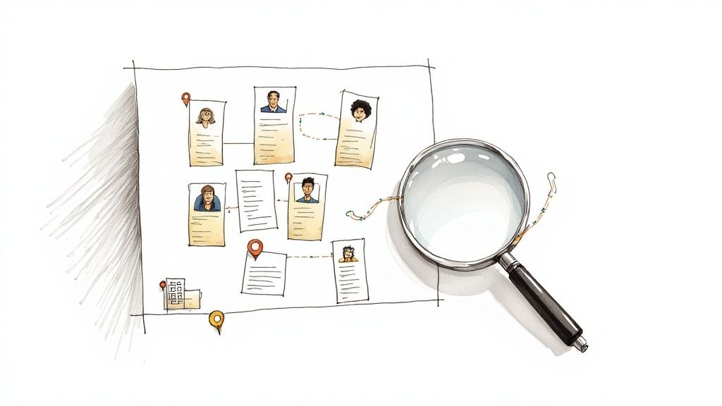 Illustration of a recruitment process with candidate profiles, connections, and a magnifying glass.