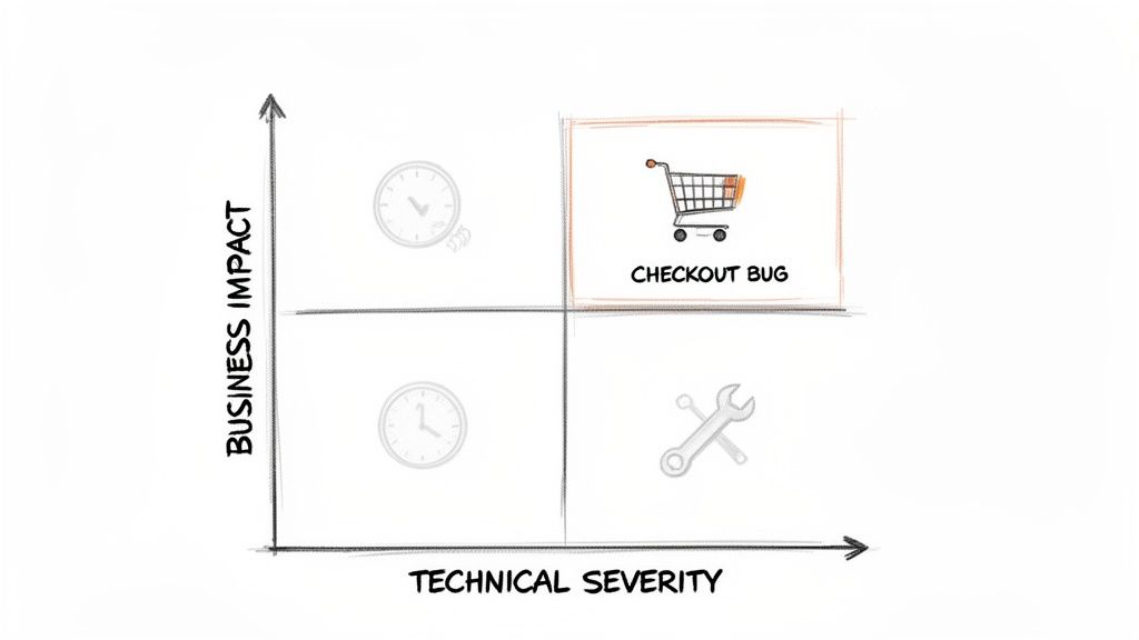 A quadrant chart illustrating business impact vs. technical severity, highlighting a 'checkout bug' as high priority.