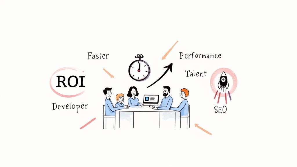 Illustration of a team working together to achieve ROI, faster performance, and strong SEO through developer talent.