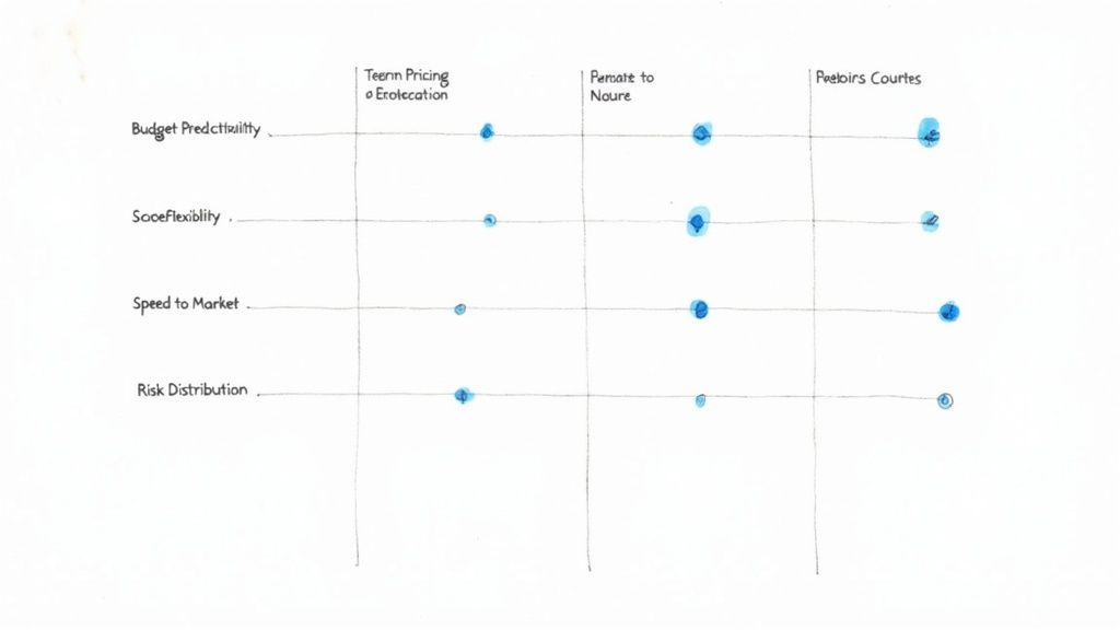 Hand-drawn matrix comparing business metrics (budget, scope, speed, risk) against three service models.