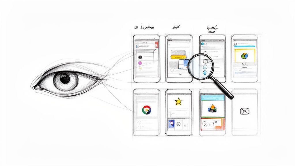A drawn eye observes multiple smartphone UI screens, comparing baseline and differences with a magnifying glass.