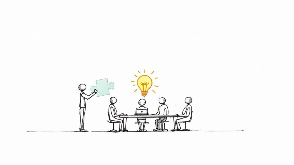 Team collaboration meeting with person presenting puzzle piece solution and light bulb idea