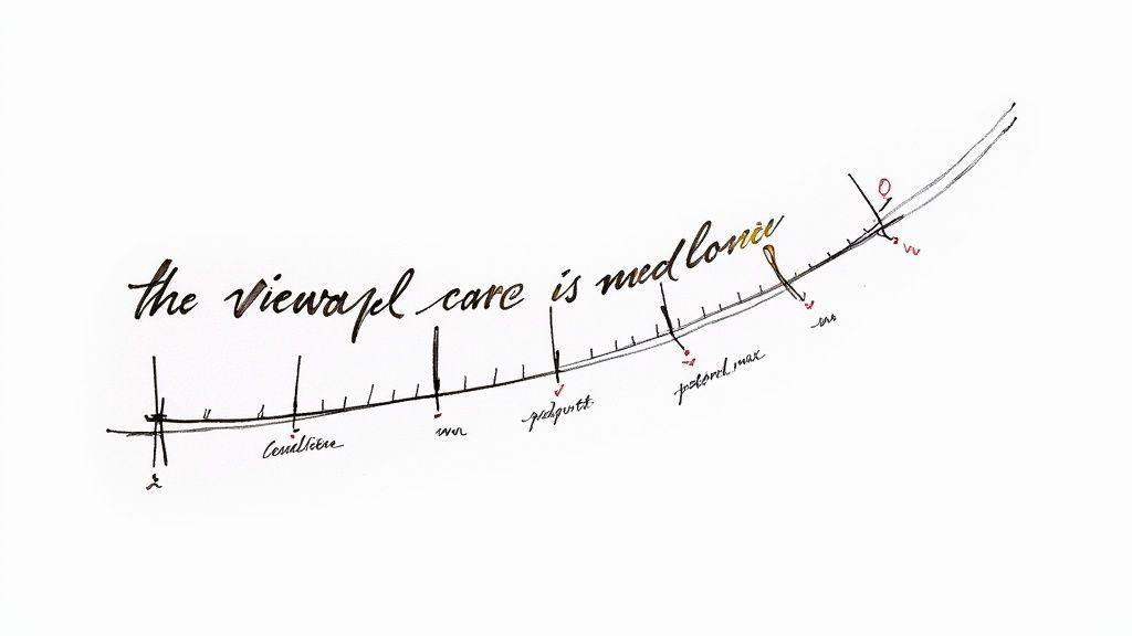 Handwritten phrase 'the viewapl care is med lonic' diagrammed on a curved line with labels.