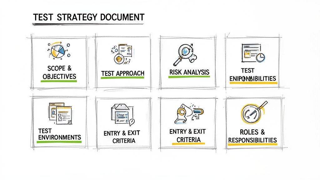 A test strategy document diagram featuring scope, test approach, risk analysis, test environments, and criteria.