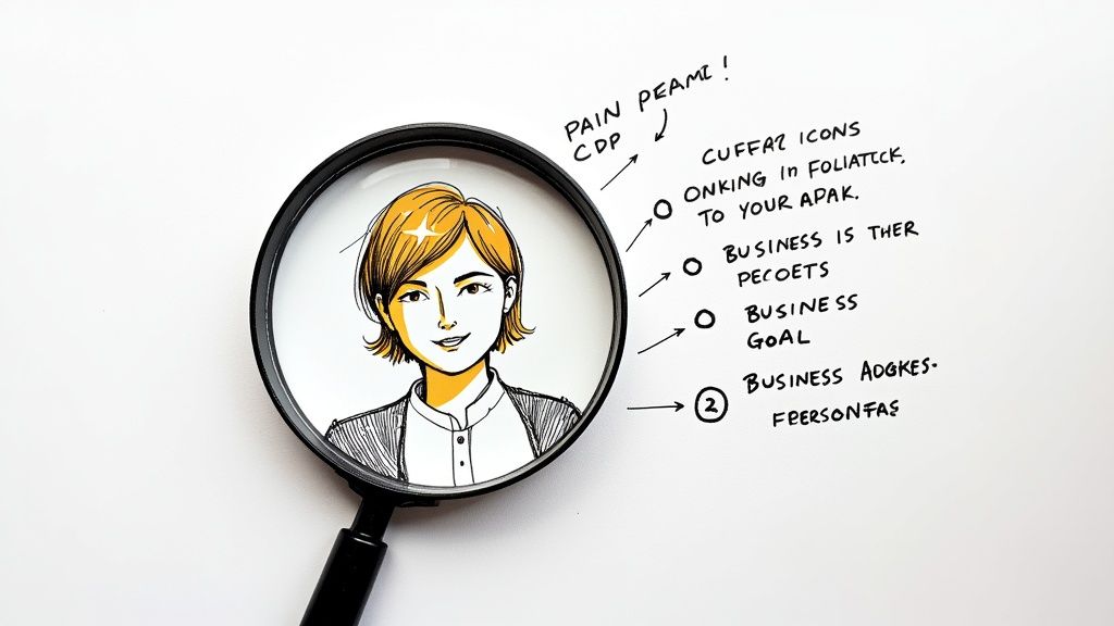 A close-up shot of a whiteboard with colorful sticky notes and diagrams, representing market analysis and customer profiling.