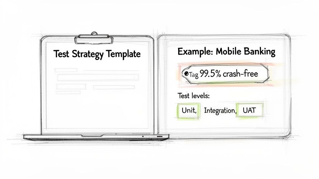 Sketch of a test strategy template on a laptop and a mobile banking test example on a tablet.