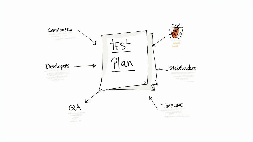 A hand-drawn diagram illustrating a 'Test Plan' document, showing inputs from commoners, developers, and stakeholders, and outputs to QA, timeline, and bug reporting.