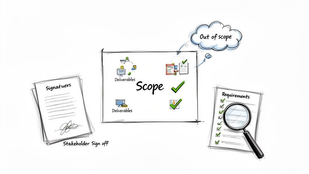 An illustration of project scope management, showing deliverables, requirements, stakeholder sign-off, and out-of-scope items.
