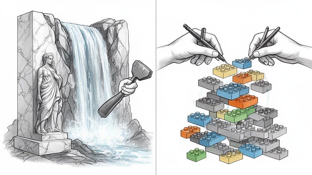 Two hands building with colorful blocks, contrasting a hand carving a statue and waterfall.