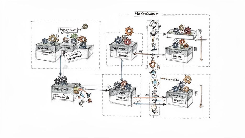 Hand-drawn diagram illustrating a microservices architecture with multiple deployments and integrations, showing a complex system design.