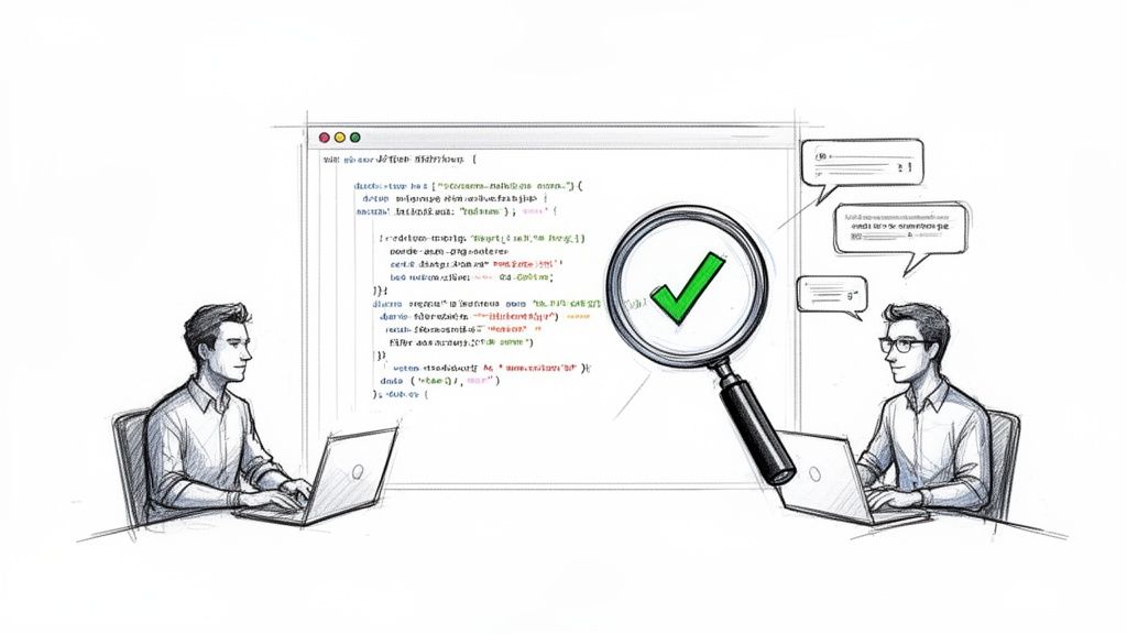 Illustration of two software developers reviewing code, with a magnifying glass showing a green checkmark.