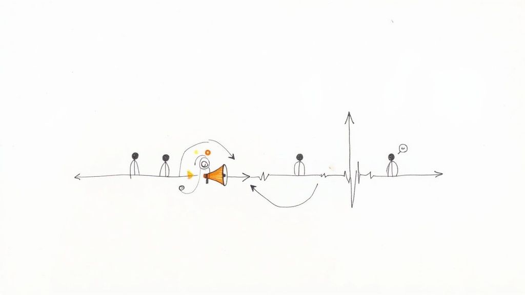 Hand-drawn diagram of a communication process with a megaphone, people, feedback loops, and a positive response.