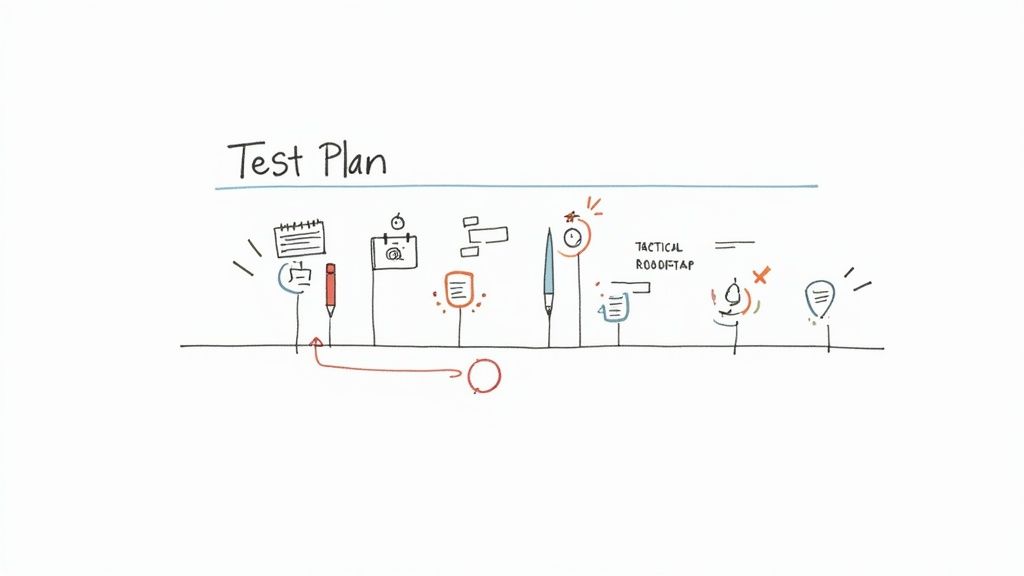 Hand-drawn illustration of a 'Test Plan' workflow with various icons representing steps and tools.