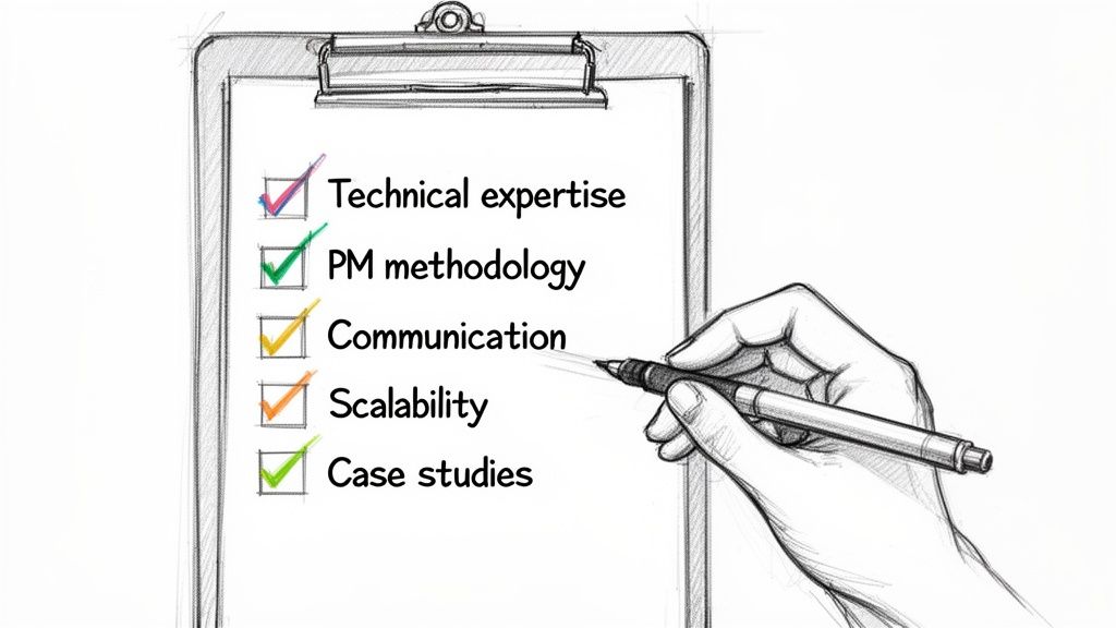 A hand checking off a checklist on a clipboard, detailing key criteria and competencies.