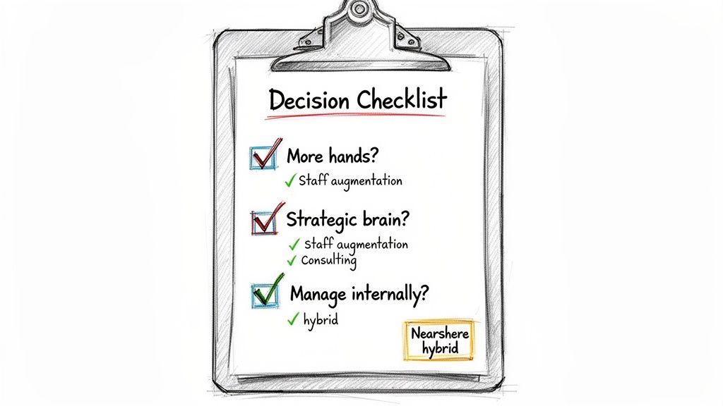 Hand-drawn decision checklist on a clipboard comparing staff augmentation, consulting, and hybrid nearshore options.