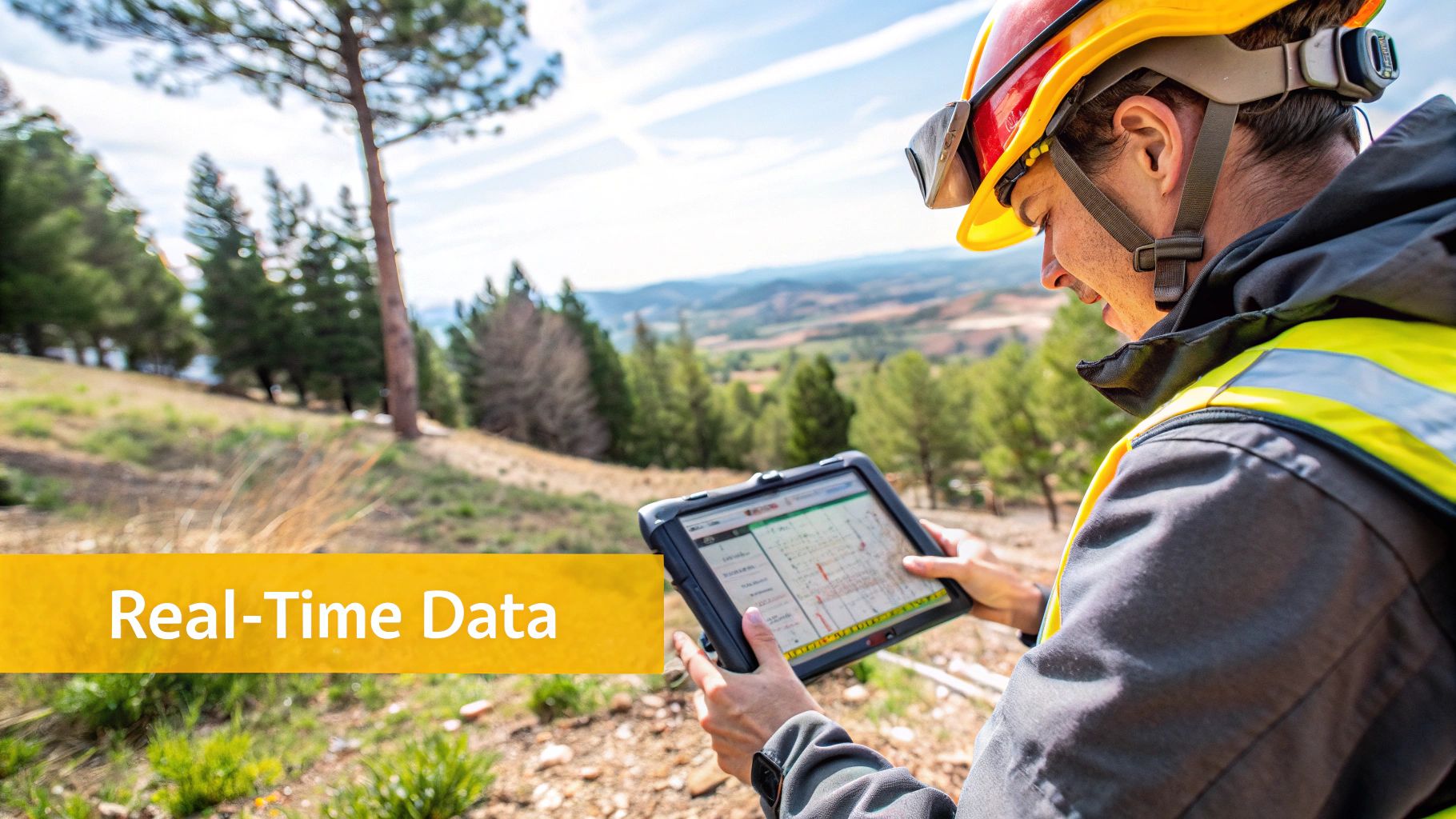 A professional in a modern office using a tablet to interact with data visualizations and business metrics, illustrating the benefits of enterprise apps.