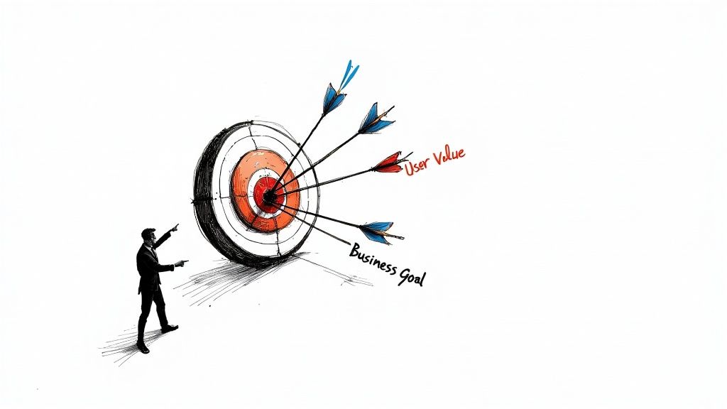 An illustration of a businessman pointing at a target, symbolizing user value and business goals.