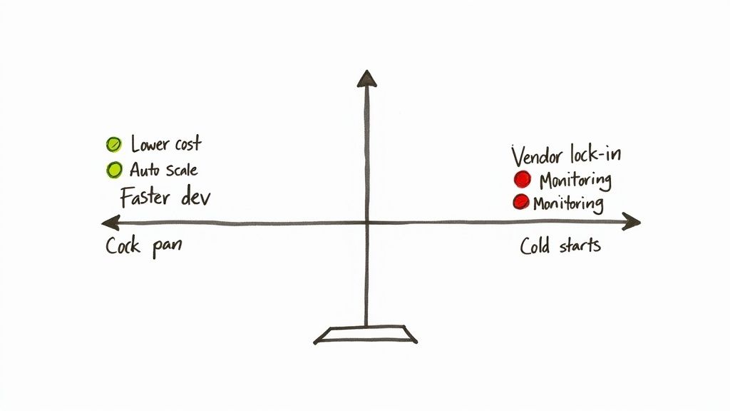 Hand-drawn diagram comparing serverless architecture benefits like lower cost and auto-scale, against drawbacks like vendor lock-in and cold starts.