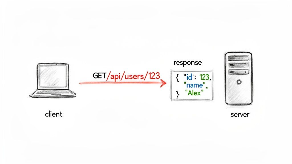 Diagram showing a client sending a GET request to a server and receiving a JSON response with user data.