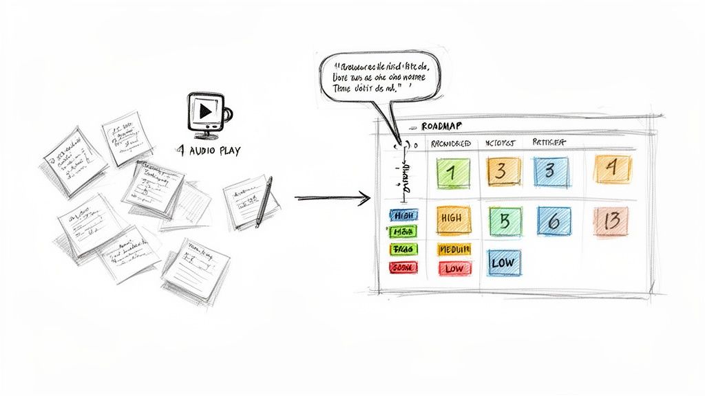 Sketch illustrating raw ideas from notes and audio feedback transforming into a structured, prioritized product roadmap.
