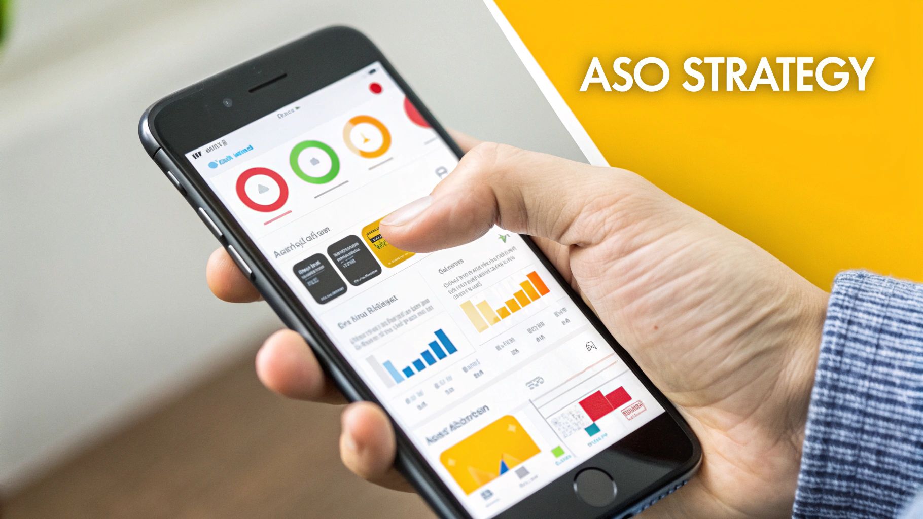 Graphic showing key elements of App Store Optimization including app title, keywords, description, icon, and screenshots.