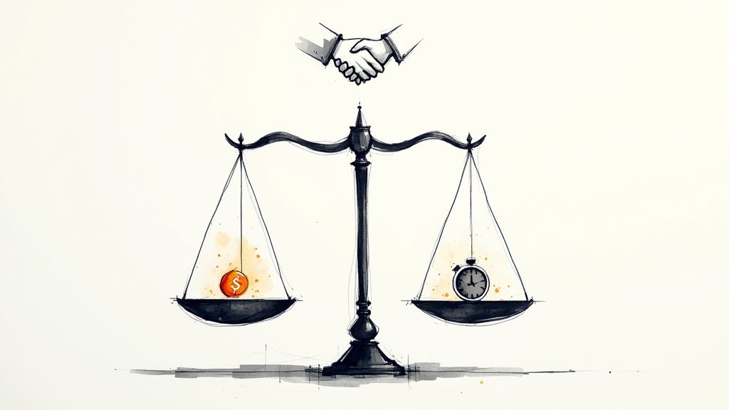 Balance scale illustrating a trade-off between money (dollar coin) and time (stopwatch), with a handshake above.