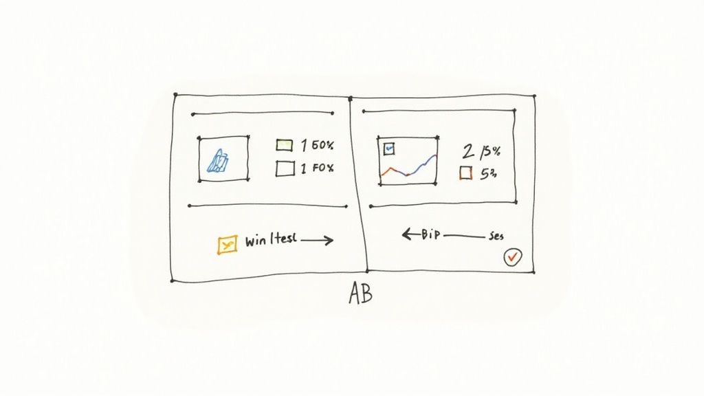 A/B testing diagram showing two variants with performance metrics and winner selection process