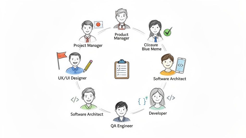 An illustration of a custom software development team's roles collaborating around a central task list.