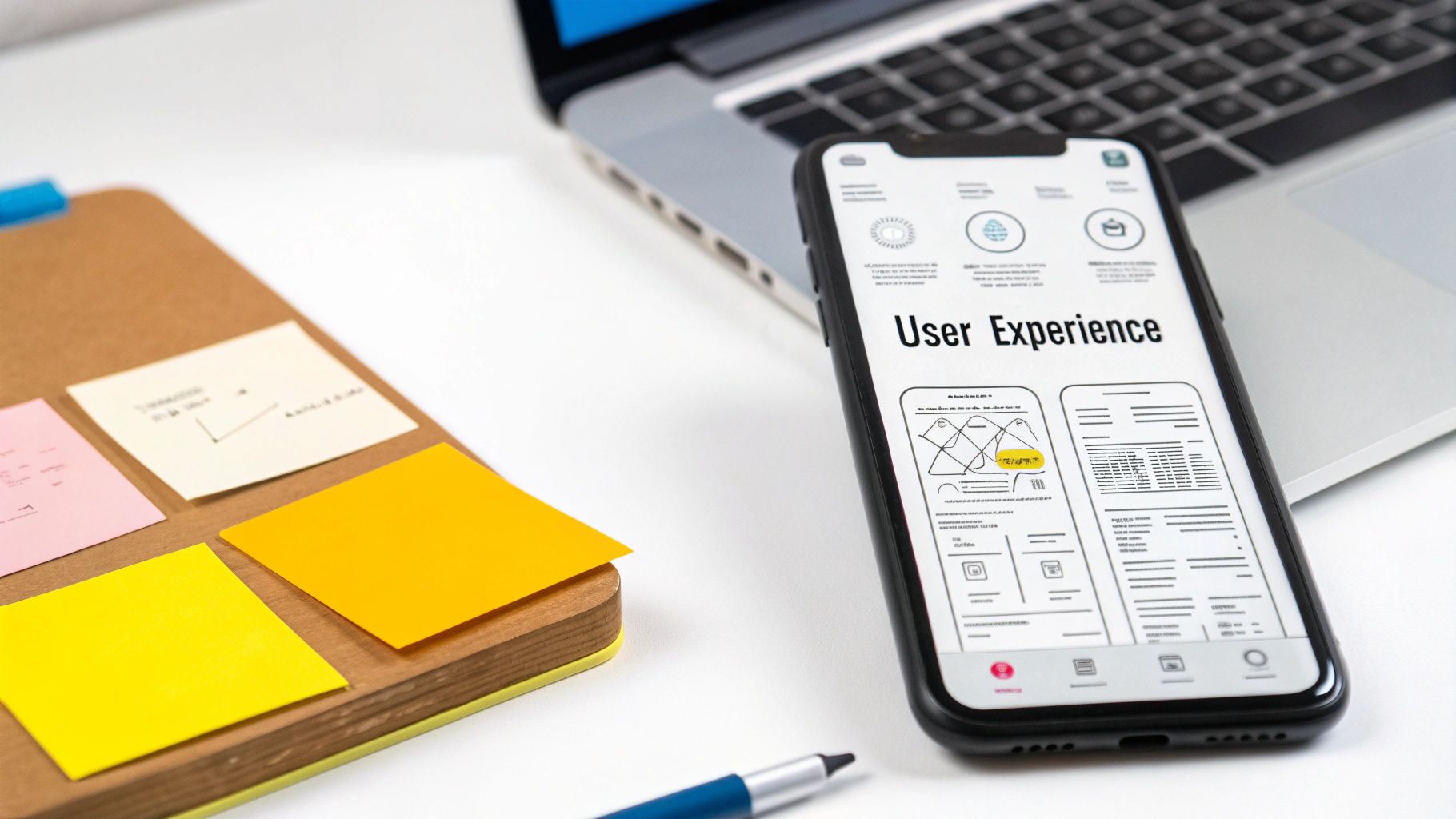 An illustration showing a user interacting with a mobile app, surrounded by icons representing user experience design elements like wireframing, prototyping, and user feedback.