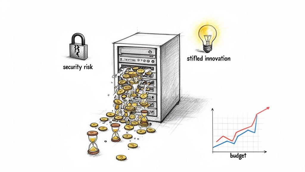 An illustration showing a server losing money and time, with associated security risks, stifled innovation, and increased budget.