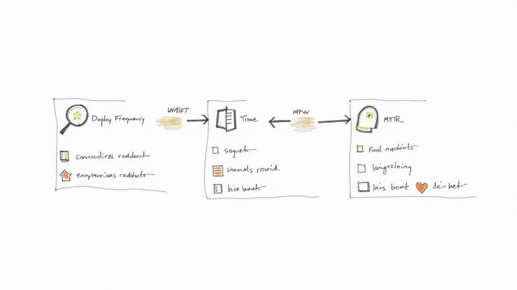 A conceptual workflow diagram outlining Display Frequency, Time, and MTTR stages with associated items.