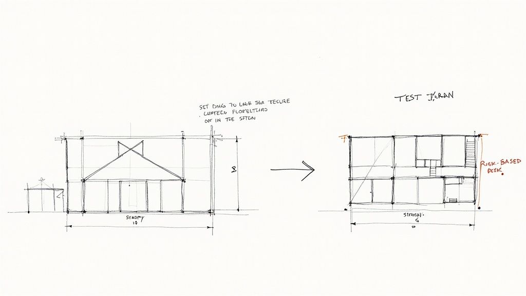 Two architectural design sketches, contrasting building exterior strategy with interior test plan and risk assessment.