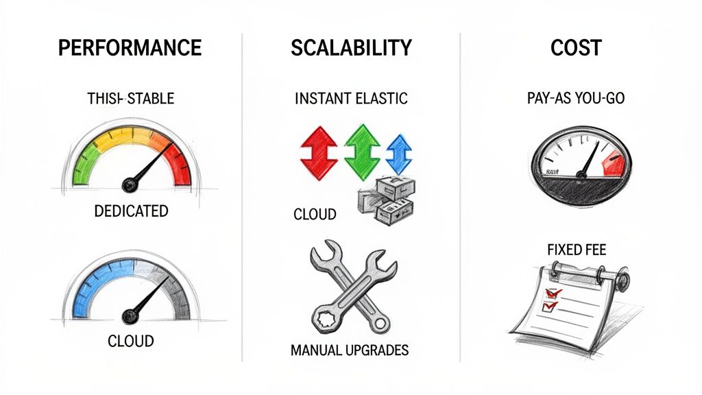 Infographic comparing performance, scalability, and cost for cloud versus dedicated IT infrastructure.