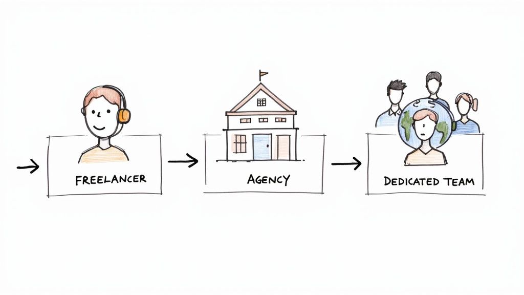 A person at a crossroads, representing the choice between different hiring models.