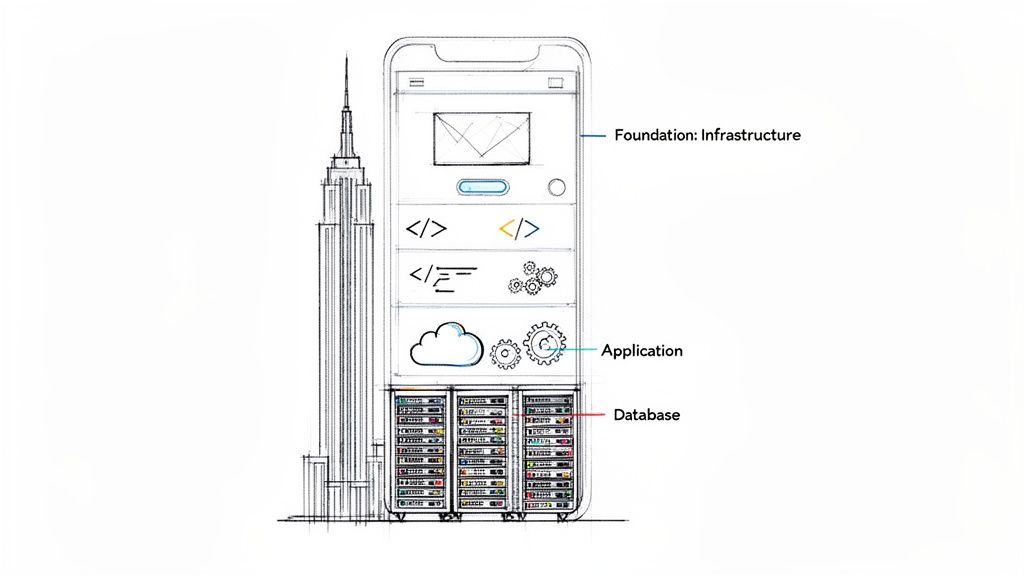 A diagram comparing a skyscraper to a layered smartphone, illustrating technical architecture from infrastructure to database.